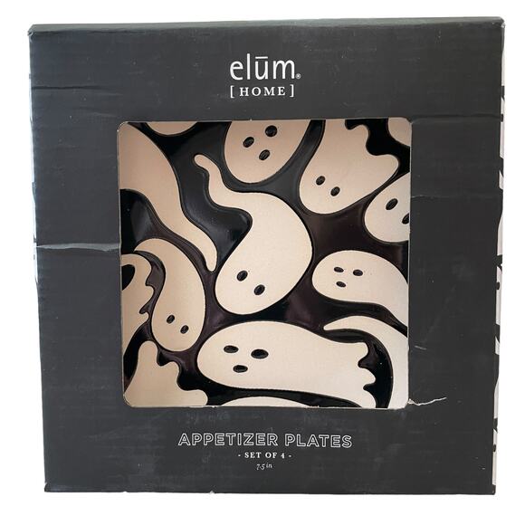 ELUM HOME Spooky Halloween Ghost Appetizer Plates Set of 4 Black & Cream NIB - Picture 4 of 13